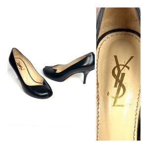 YSL Yves Saint Laurent Black Leather Peep Toe Heels Shoes